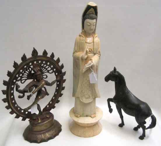 Appraisal: THREE PIECES ASIAN SCULPTURE a bone carved Quan Yin standing