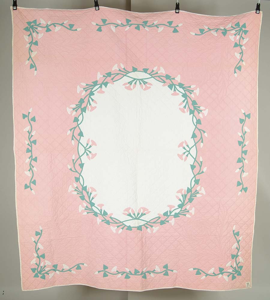 Appraisal: QUILT APPLIQUED FLOWER GARDEN White and green pastel on pink