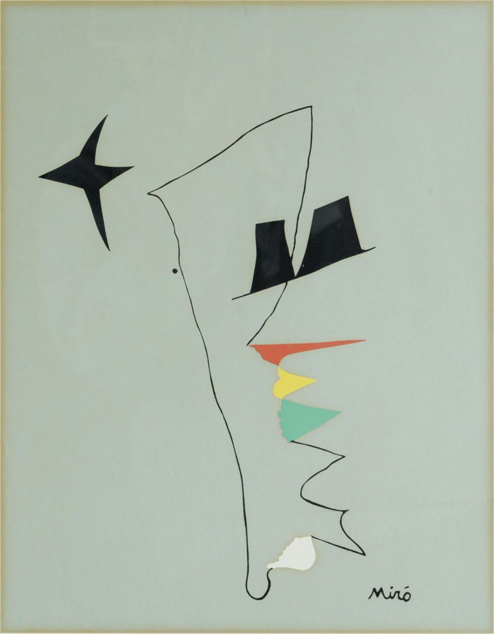 Appraisal: AFTER JOAN MIRO ABSTRACTlithograph enhanced with black ink and colors