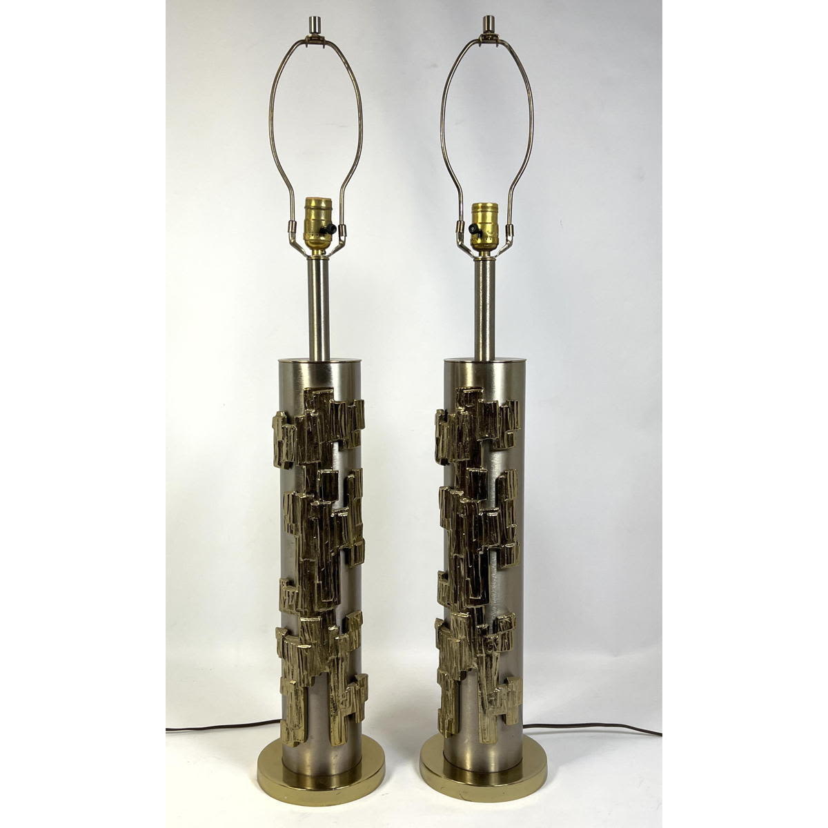 Appraisal: Mixed Metal Brutalist Column Form Table Lamps Silver column with