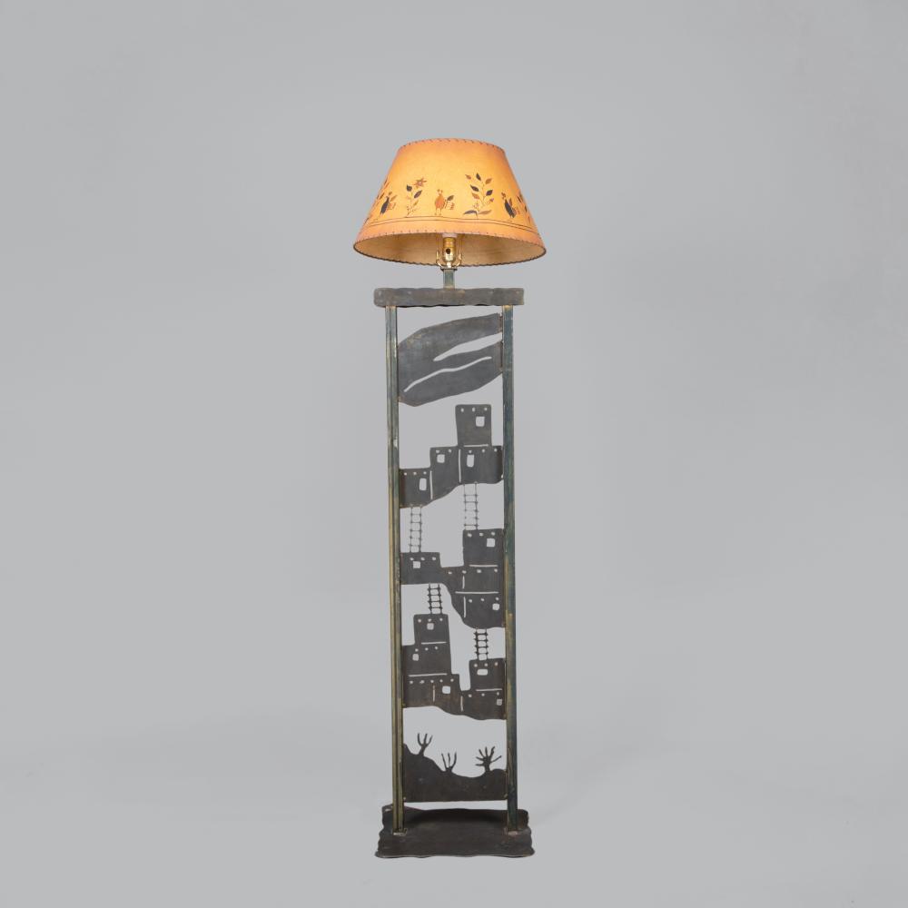 Appraisal: J LAGOY FLOOR LAMP WITH DECORATIVE IRON PUEBLO SCENES HAND-PAINTED