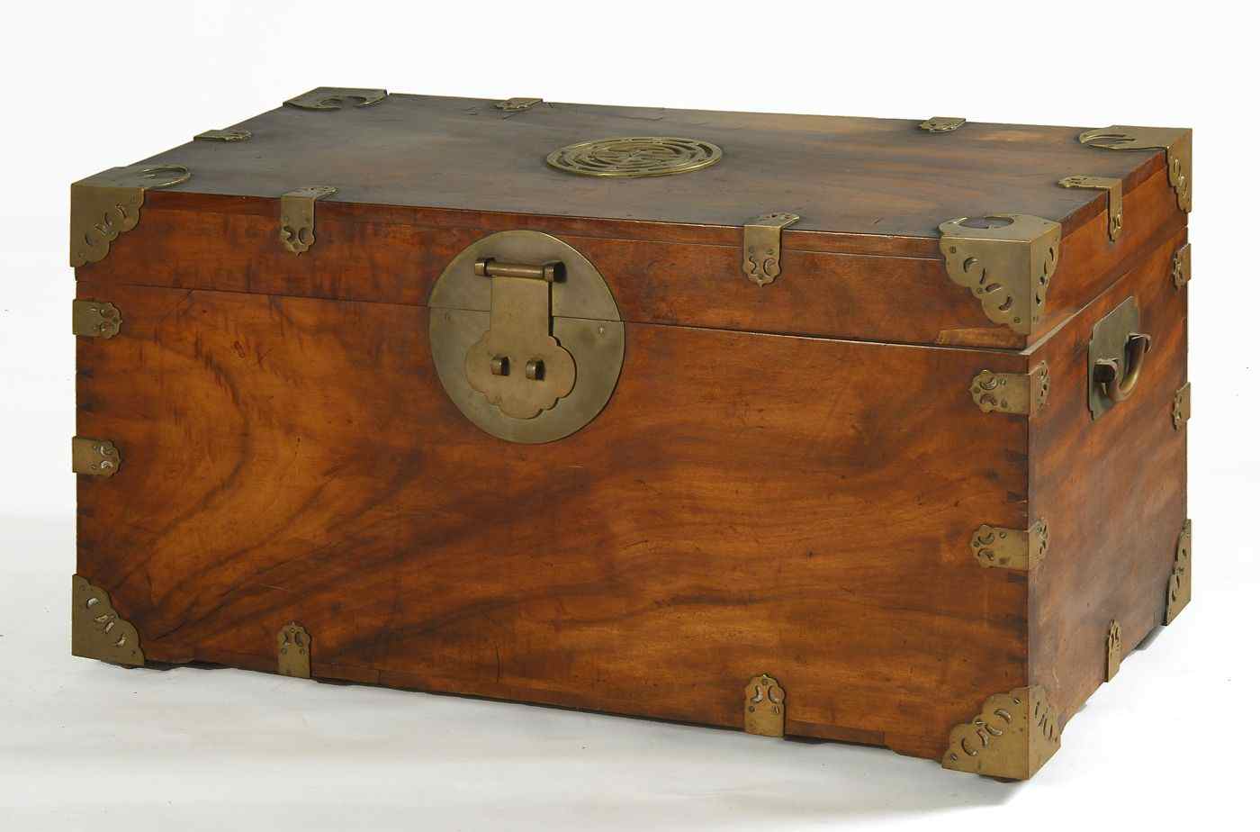 Appraisal: CHINESE CAMPHORWOOD LIFT-TOP CHEST th CenturyWith heavy brass mounts Height