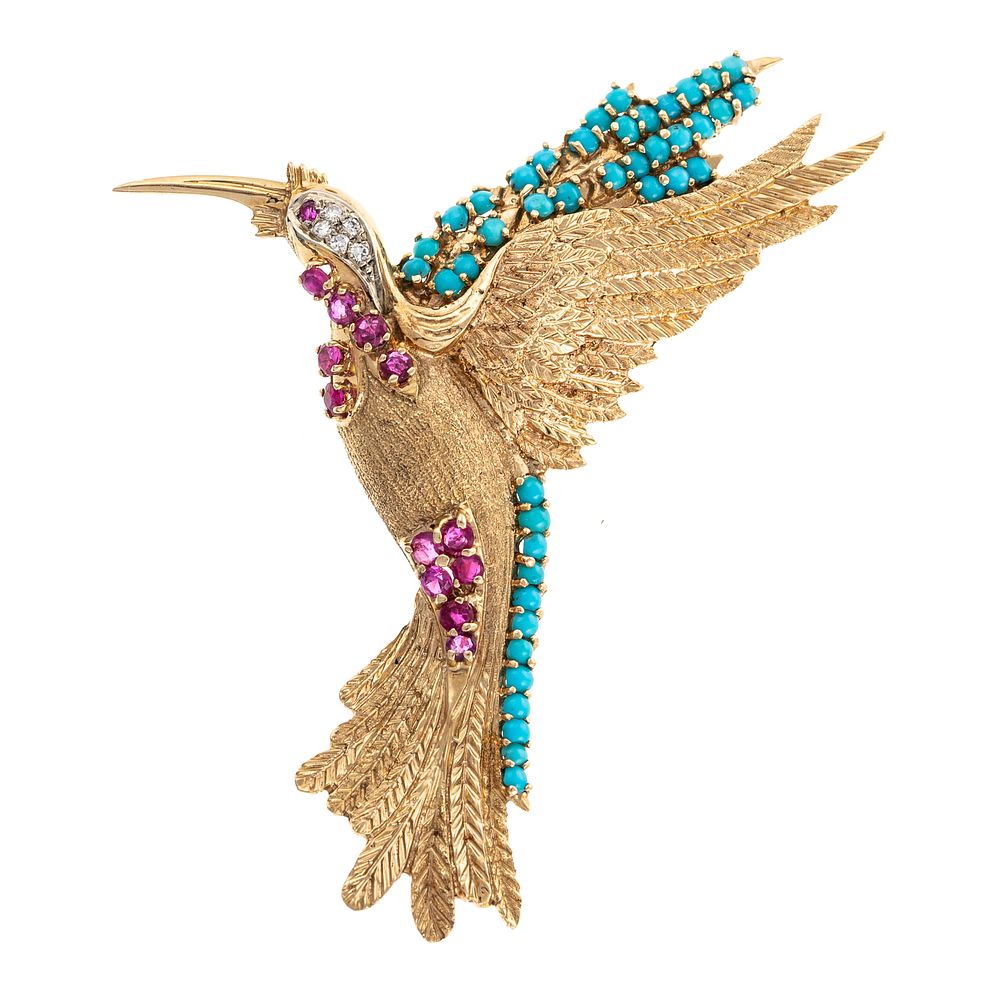 Appraisal: A Turquoise Ruby Diamond Hummingbird Pin in K K yellow