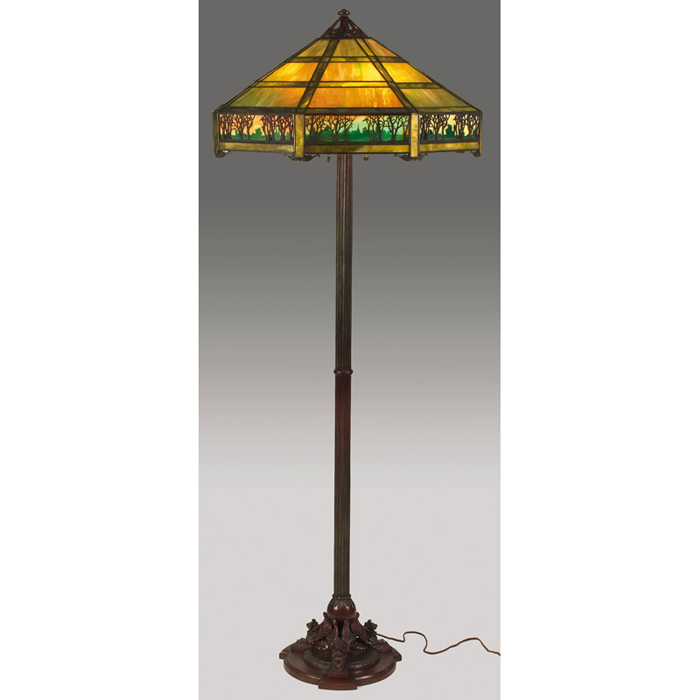 Appraisal: Handel floor lamp eight-sided leaded glass shade with overlay tree