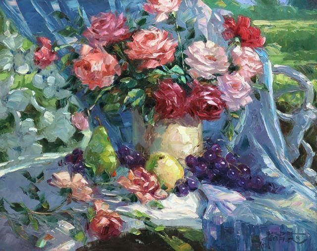 Appraisal: Framed oil on canvas painting Still Life with Pink Roses