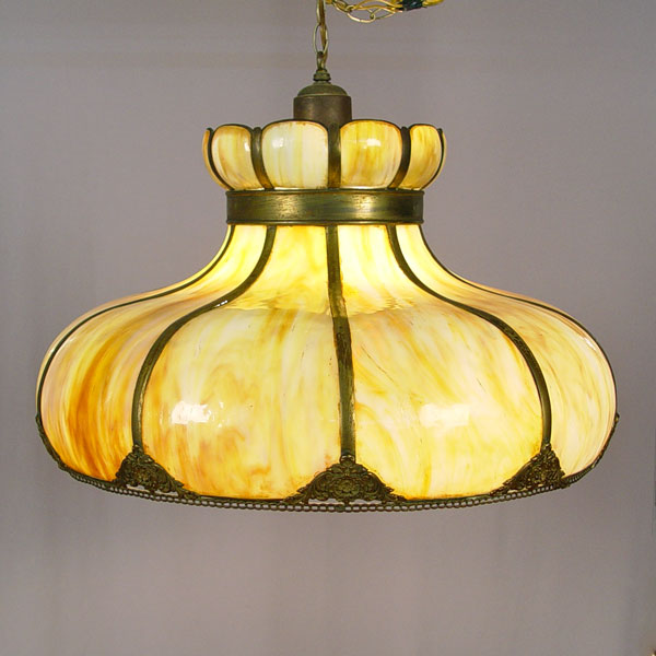 Appraisal: VINTAGE CONTINENTAL CARAMEL SLAG GLASS HANGING LAMP Vintage chandelier signed