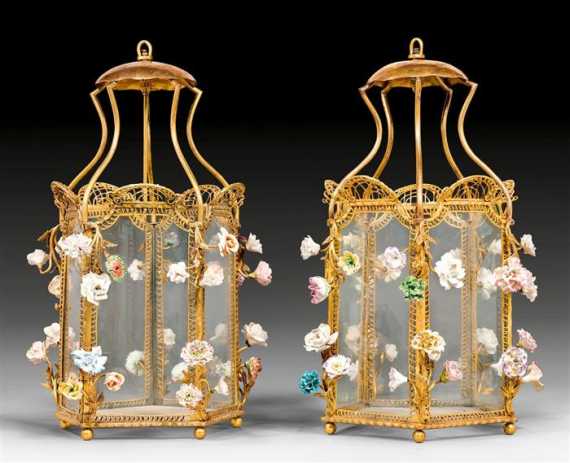 Appraisal: PAIR OF LANTERNS WITH PORCELAIN FLOWERS Louis XV the porcelain