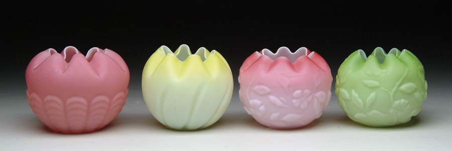 Appraisal: FOUR SATIN GLASS ROSE BOWLS Lot consists of two embossed