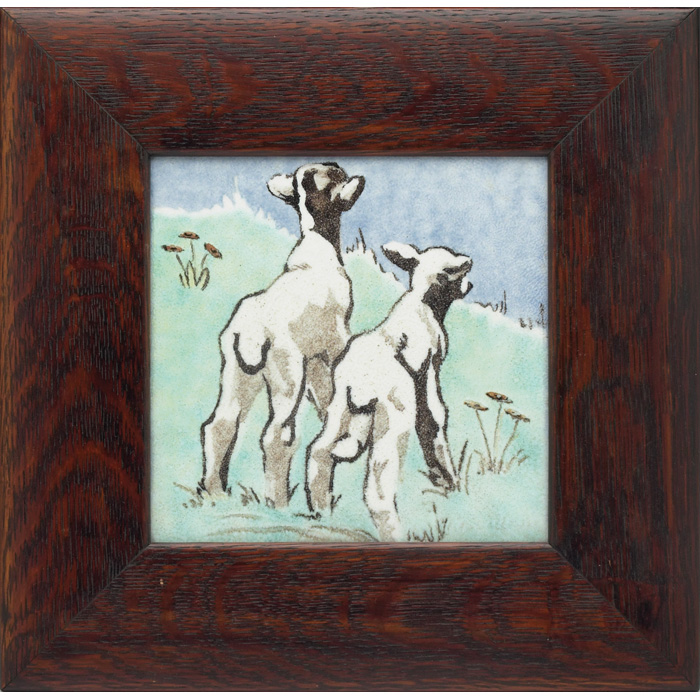 Appraisal: Minton tile England colorfully painted scene with two lambs on