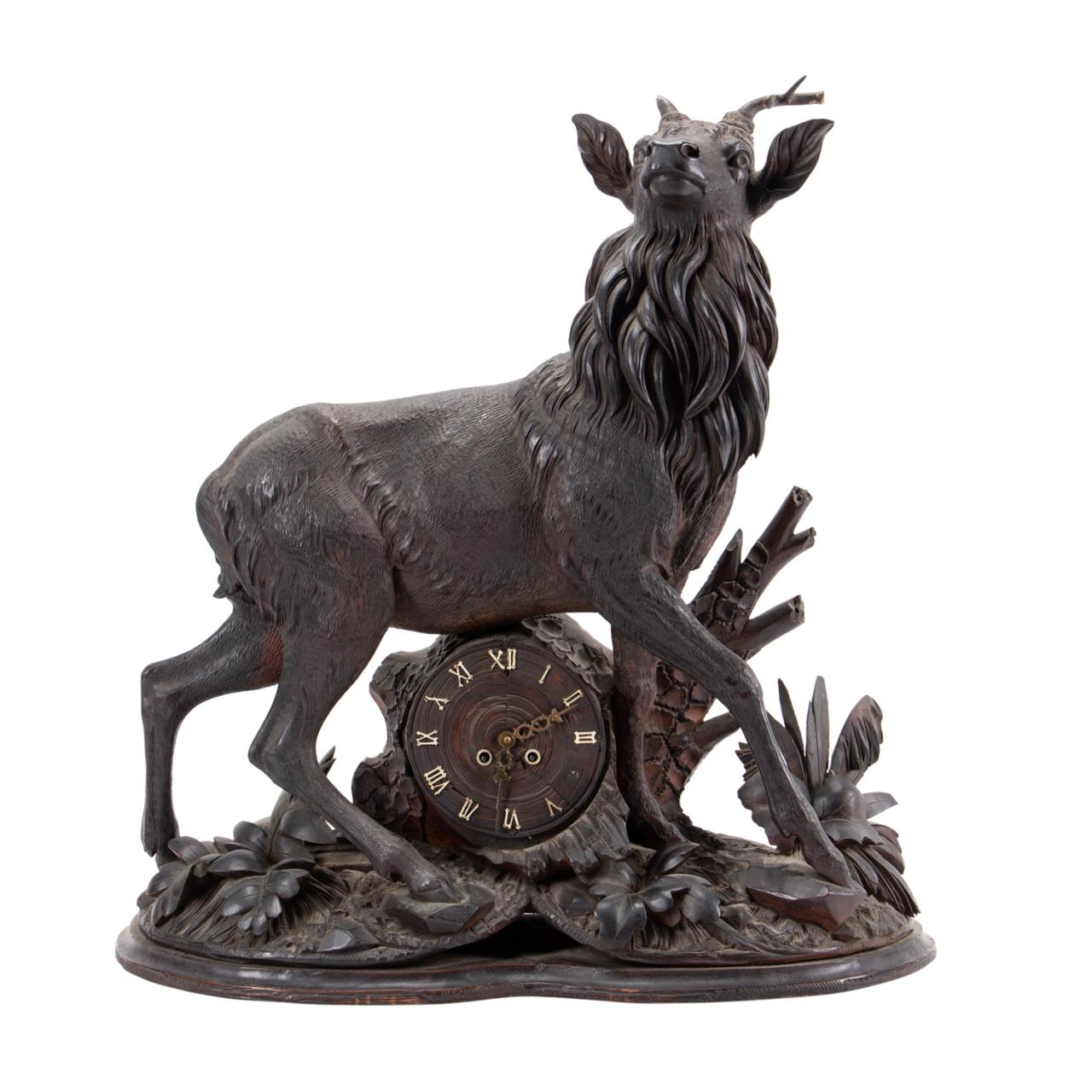 Appraisal: LARGE BLACK FOREST CARVED WOODEN STAG CLOCK Swiss or German