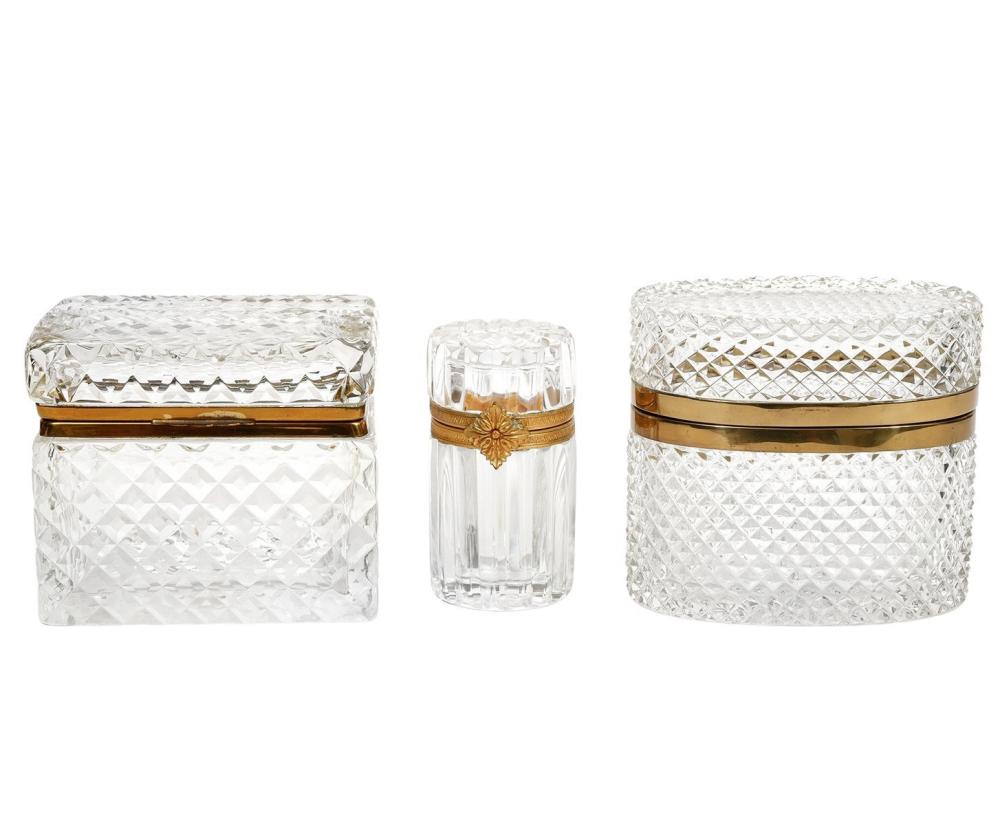 Appraisal: cut crystal bronze mounted boxes includes a cylindrical box with