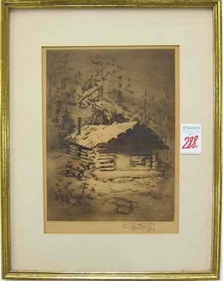 Appraisal: JOSEPH ''JOE'' KNOWLES ETCHING Santa Barbara CA - Log cabin