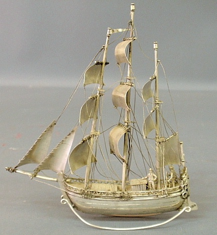 Appraisal: - Miniature silver th c style sailing ship hallmarked on