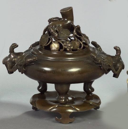 Appraisal: Attractive Japanese Meiji Patinated Bronze Table Brazier-on-Stand in grapevine decor