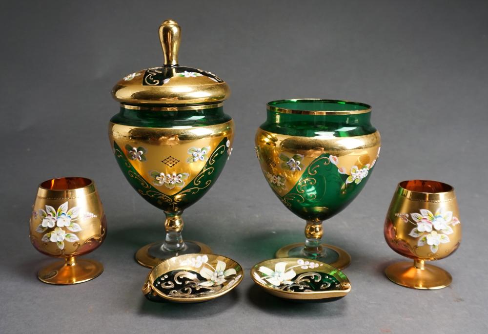 Appraisal: Three Pairs Gilt Colored Glass Serving Articles one lid missing