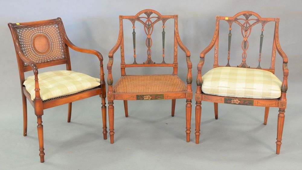 Appraisal: Pair Sheraton-style arm chairs paint decorated with caned seats ht