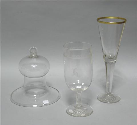 Appraisal: THREE GLASS PIECES Including a large funnel shaped goblet with