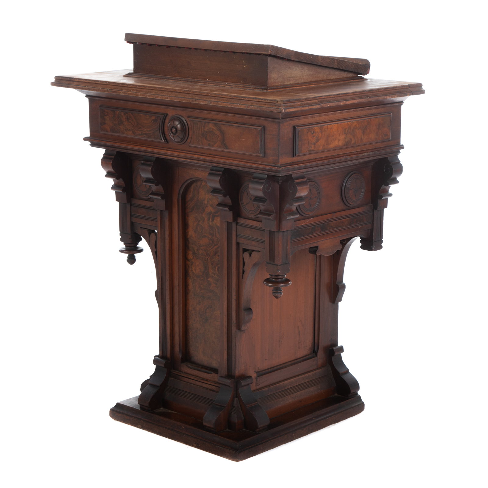 Appraisal: VICTORIAN EASTLAKE WALNUT PODIUM th century with walnut burled panels