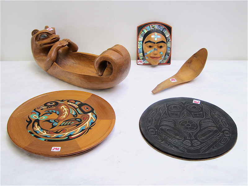 Appraisal: FIVE NATIVE AMERICAN NORTHWEST COAST WOOD ART ITEMS Don Lelooska