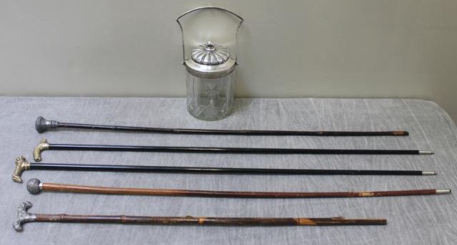 Appraisal: Miscellaneous Grouping of Canes and Hollow Ware Includes an etched