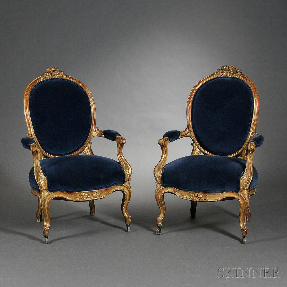 Appraisal: Pair of Louis XV-style Giltwood Fauteuils th century each with