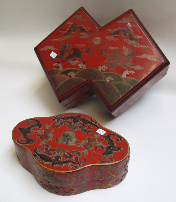 Appraisal: TWO CHINESE HAND ENAMELED LACQUERED BOXES each having bat and