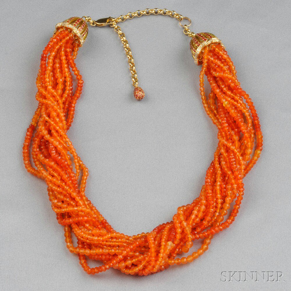 Appraisal: kt Gold and Fire Opal Bead Necklace designed as a