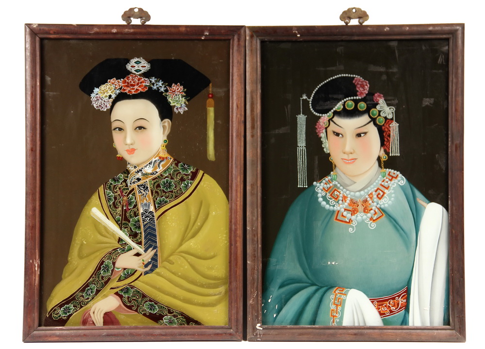 Appraisal: CHINESE REVERSE PAINTED GLASS PORTRAITS - Portraits of Courtesan in