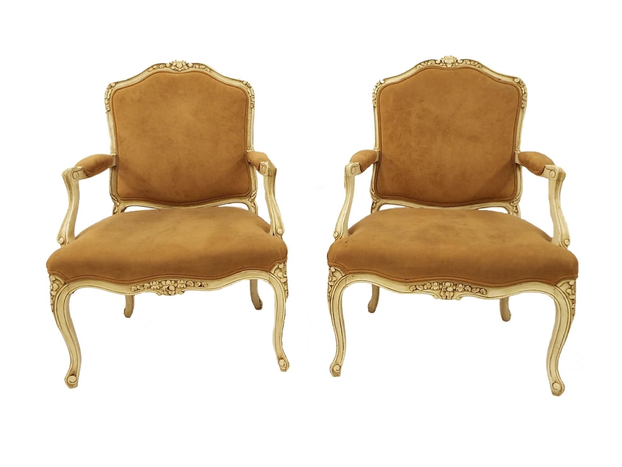 Appraisal: Pair of French style painted fauteil with stuffover backs arms