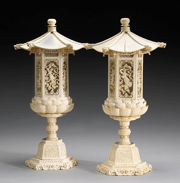 Appraisal: Ivory Carvings Each with dragon heads terminating the curving eaves