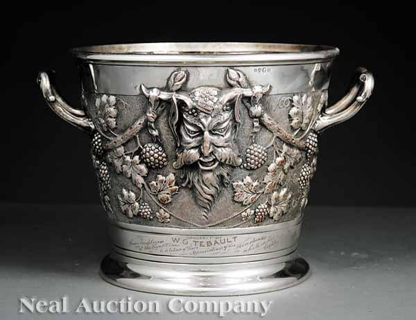 Appraisal: An Antique English Silverplate Bacchus Motif Wine Cooler with New