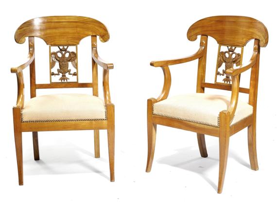 Appraisal: PAIR OF ARMCHAIRS late Biedermeier Switzerland th c Carved cherry