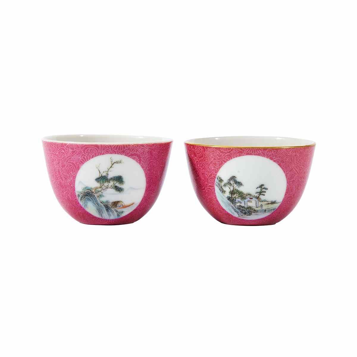 Appraisal: Pair of Small Sgrafito Ground Landscape Cups Yongzheng Mark Republican