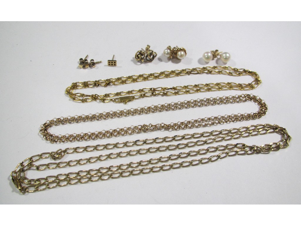 Appraisal: Lot comprising three ct gold neckchains and four pairs of