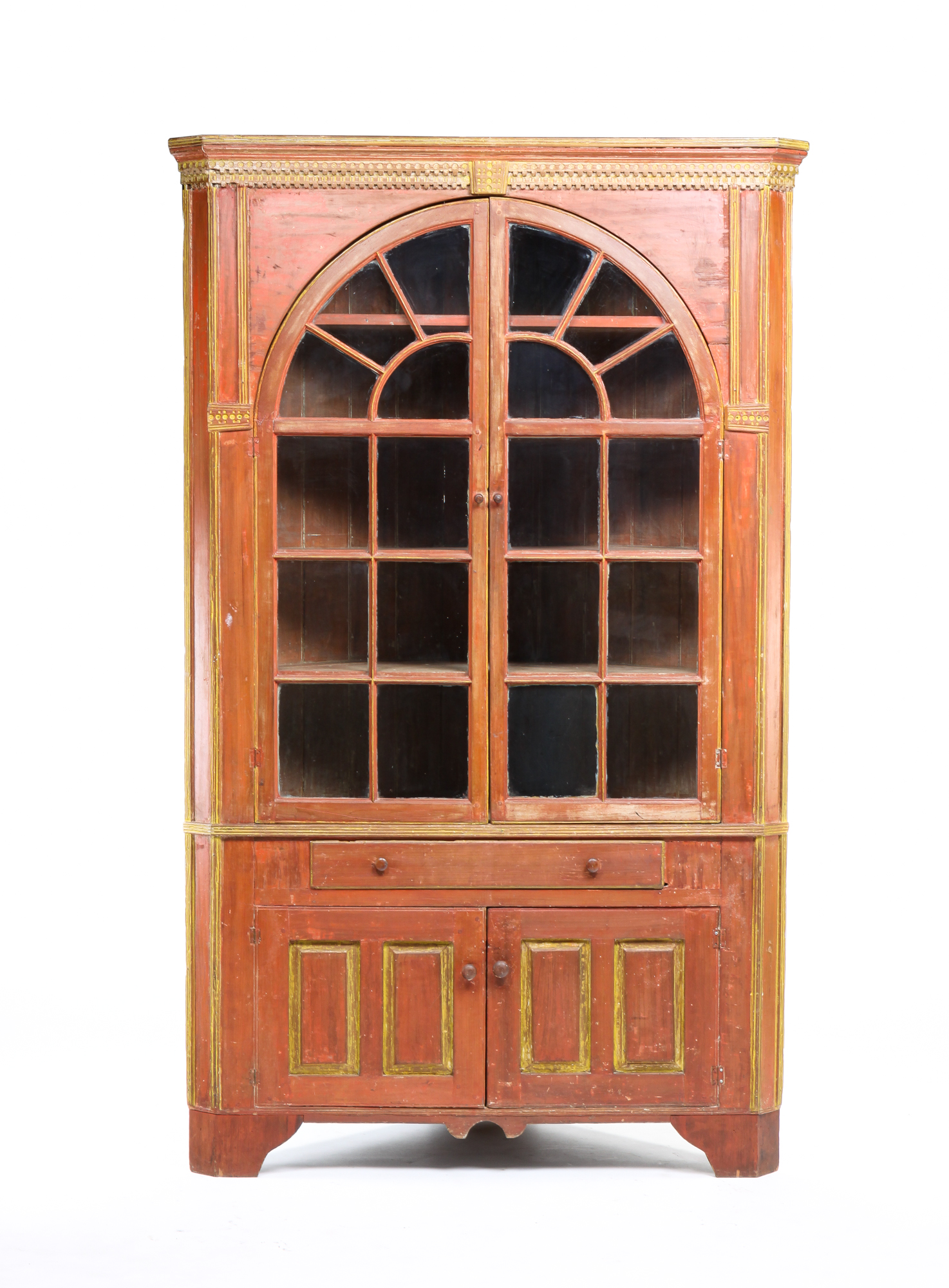 Appraisal: AMERICAN DECORATED CORNER CUPBOARD First half th century pine One