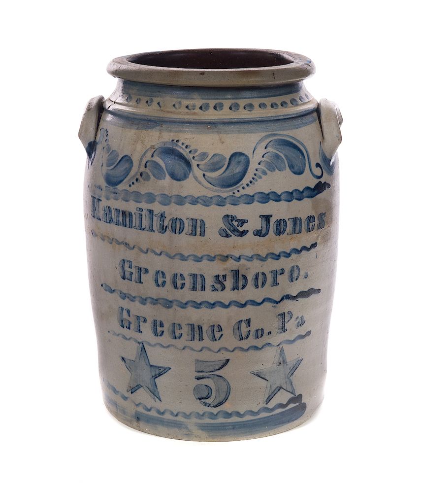 Appraisal: Hamilton Jones Blue Decorated Crock Measures tall wide Good original