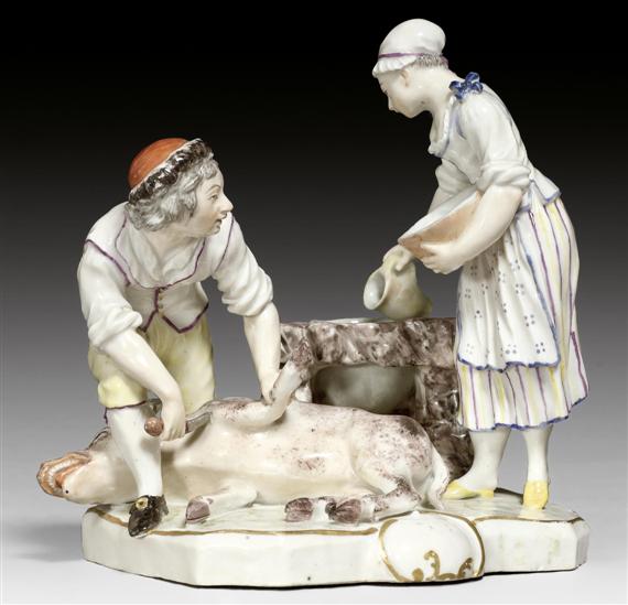 Appraisal: BUTCHER COUPLE SLAUGHTERING A PIG LUDWIGSBURG MODEL JOHANN ADAM BAUER