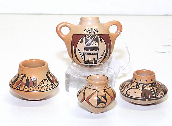 Appraisal: Four Hopi polychrome miniature vessels Mark Tahbo ' and '