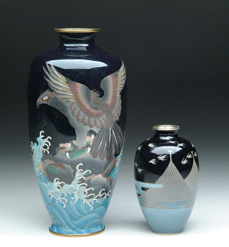 Appraisal: TWO JAPANESE CLOISONN ENAMEL VASES in tapered vase decorated with