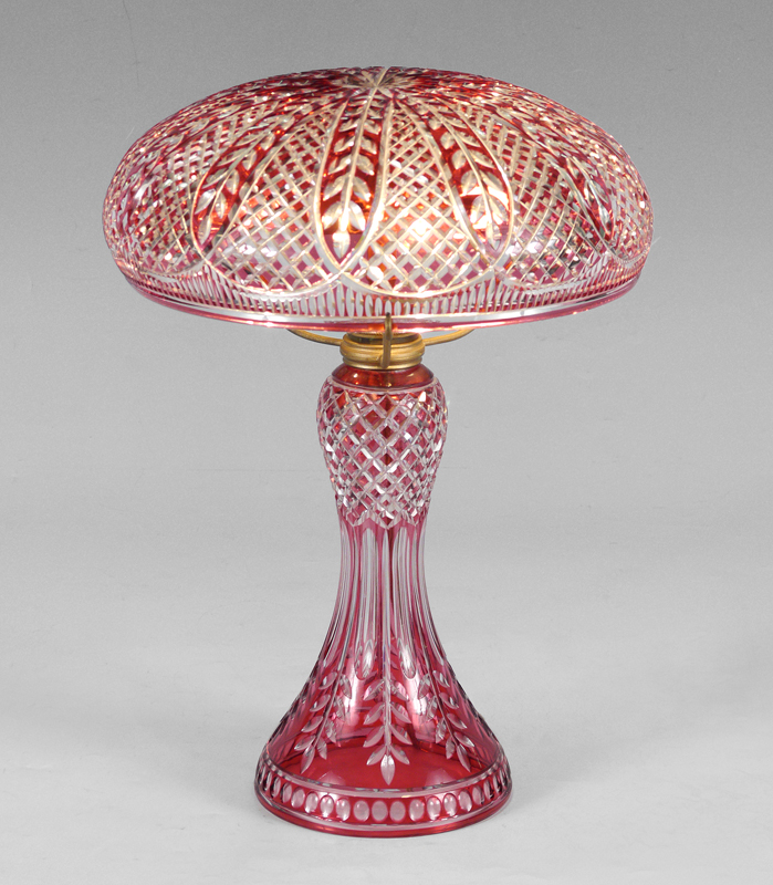 Appraisal: THOMAS WEBB CRANBERRY CUT GLASS LAMP Exceptional cranberry cut to