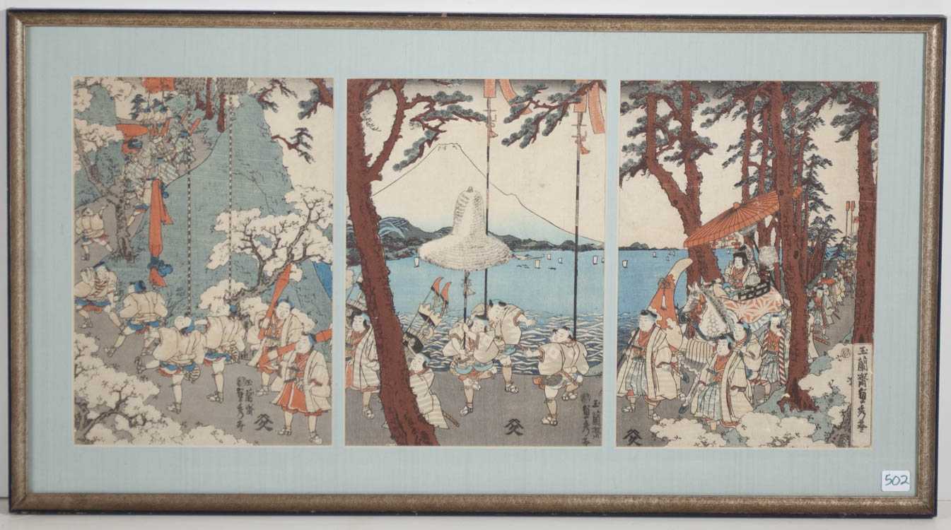 Appraisal: SADAHIDE TRIPTYCH WOODCUT Japan - Figures in procession Signed on