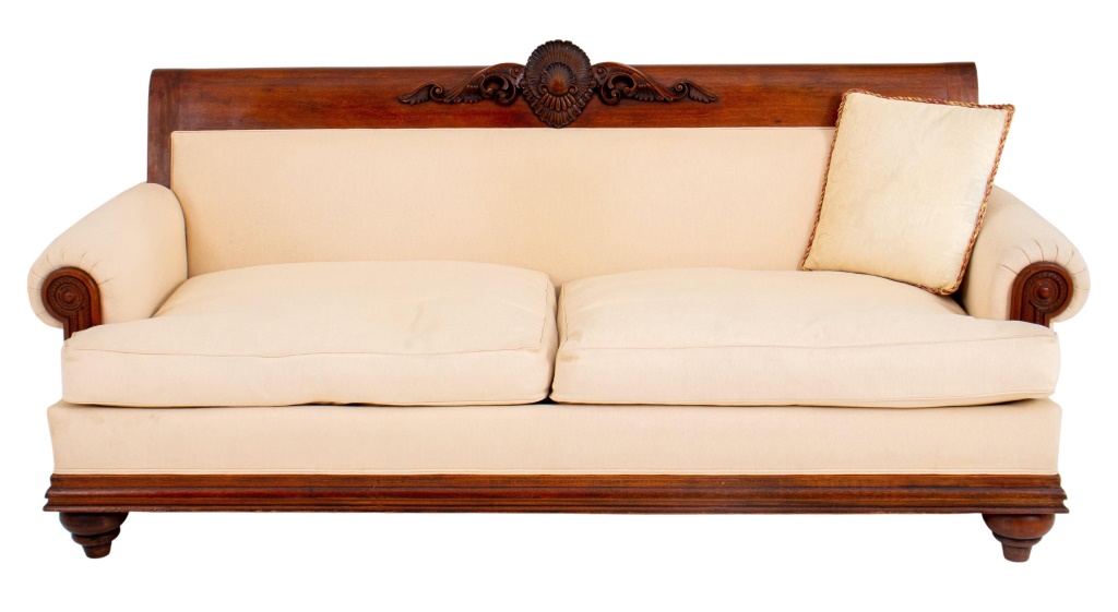 Appraisal: CARVED MAHOGANY UPHOLSTERED SOFA Neoclassical taste carved mahogany upholstered sofa