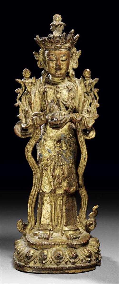 Appraisal: STANDING BODHISATTVA China Ming-dynasty H cm Bronze with gold over