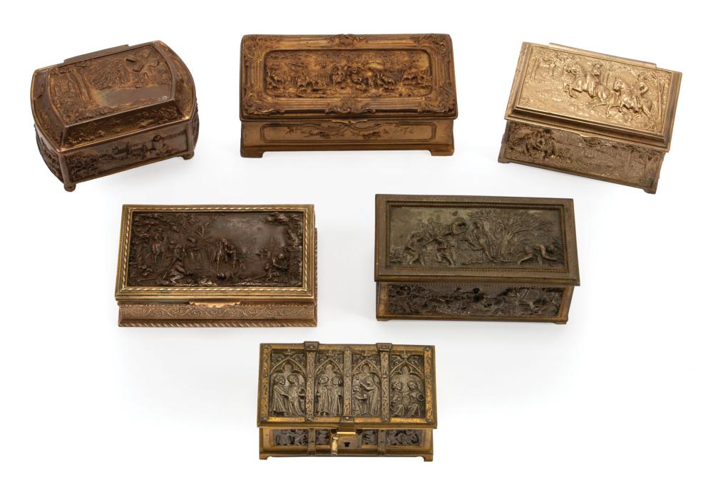 Appraisal: Six French Bronze Dresser Boxes c each cast with reliefs