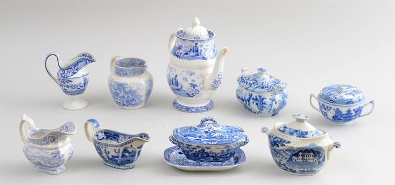 Appraisal: GROUP OF NINE STAFFORDSHIRE BLUE TRANSFER-PRINTED ARTICLES Comprising a coffee