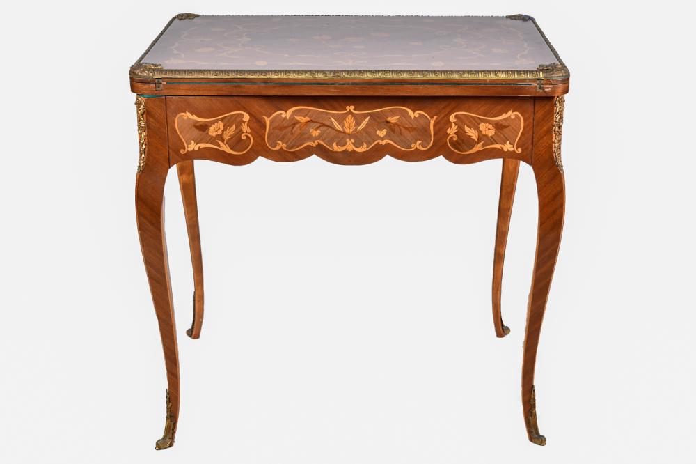 Appraisal: FRENCH STYLE MARQUETRY GAME TABLEwith single drawer and flip top