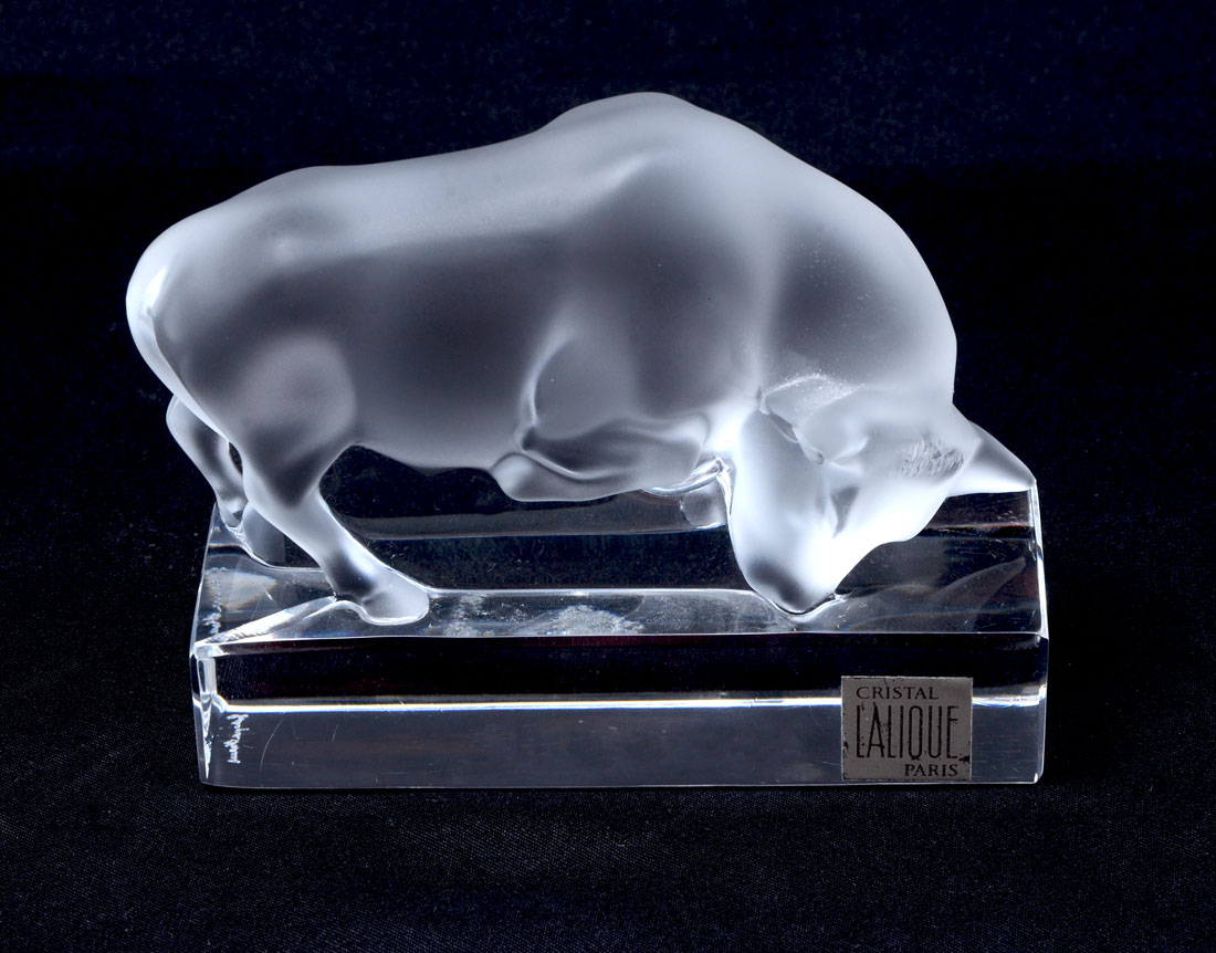 Appraisal: LALIQUE FROSTED AND CLEAR BULL PAPERWEIGHT Frosted figural bull clear