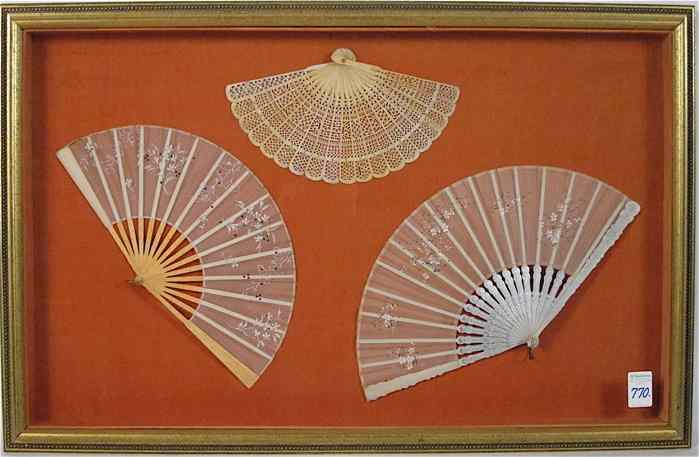 Appraisal: THREE CHINESE HAND FANS with carved ivory and bone frames