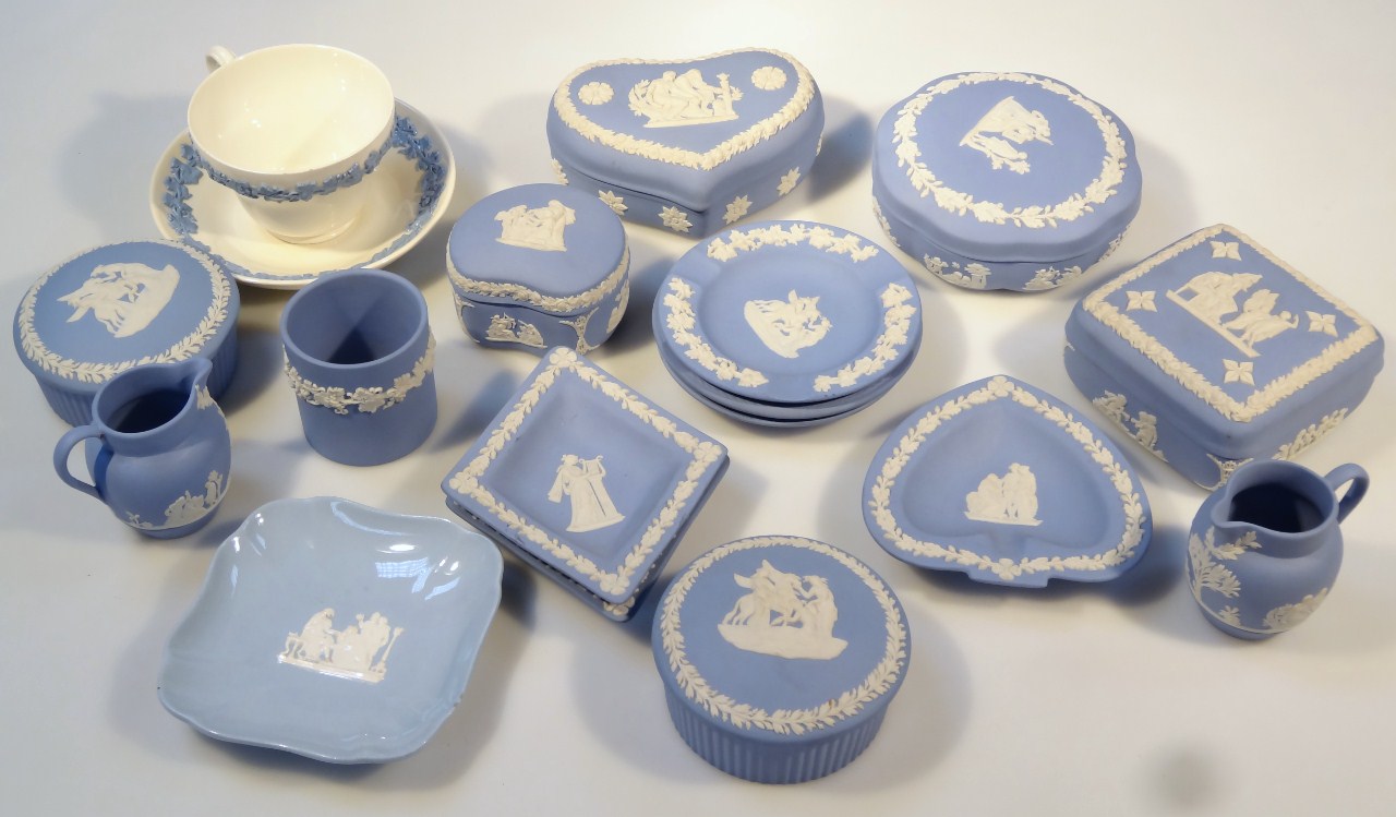 Appraisal: Various Wedgwood blue Jasperware lidded jars diamond shaped dishes cm