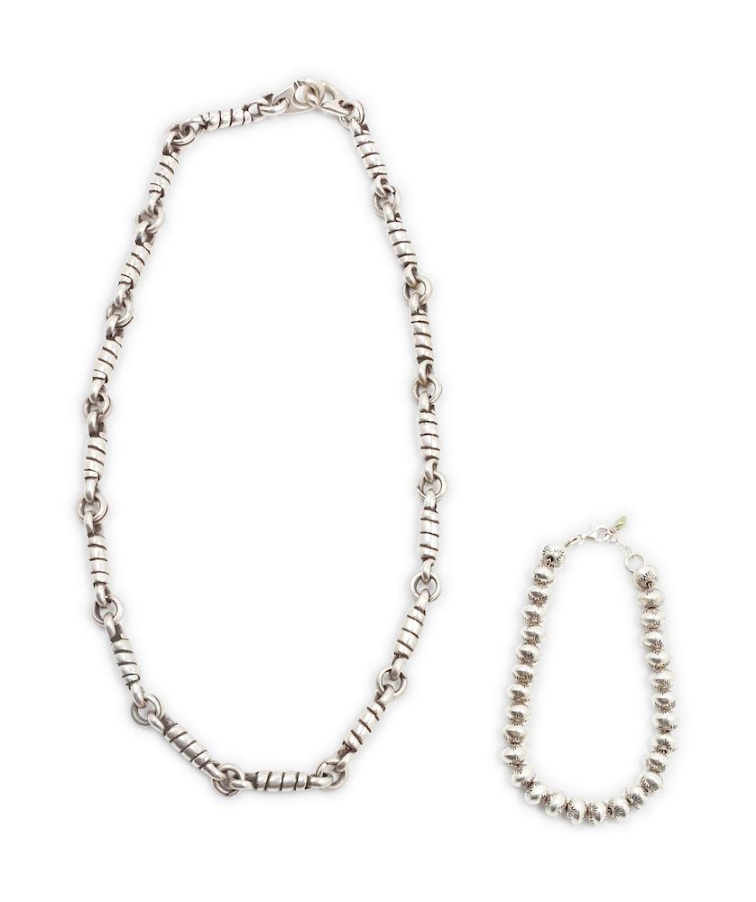 Appraisal: Southwestern Sterling Silver Necklace and Silver Bead Bracelet necklace inches